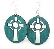 Teal Celtic Cross Earrings made from sustainably sourced wood with silver-finished stainless steel ear wires.