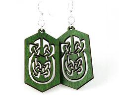 Celtic Rectangle Earrings #1357 in Kelly Green, made from sustainably sourced wood with silver-finished stainless steel ear wires.