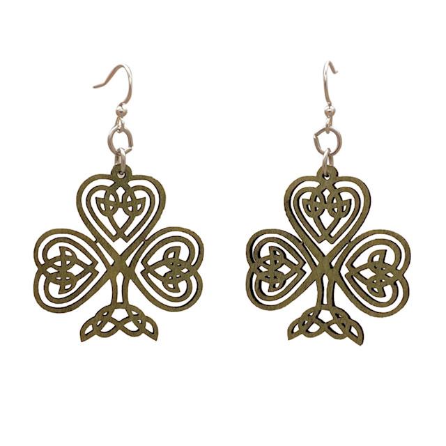 A pair of Celtic Shamrock Earrings made from lightweight laser-cut wood, featuring a vibrant Apple Green color and hypoallergenic stainless steel ear wires.