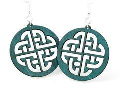 Celtic Sign Earrings #1353 made from laser-cut wood in teal color with stainless steel hypoallergenic ear wires.