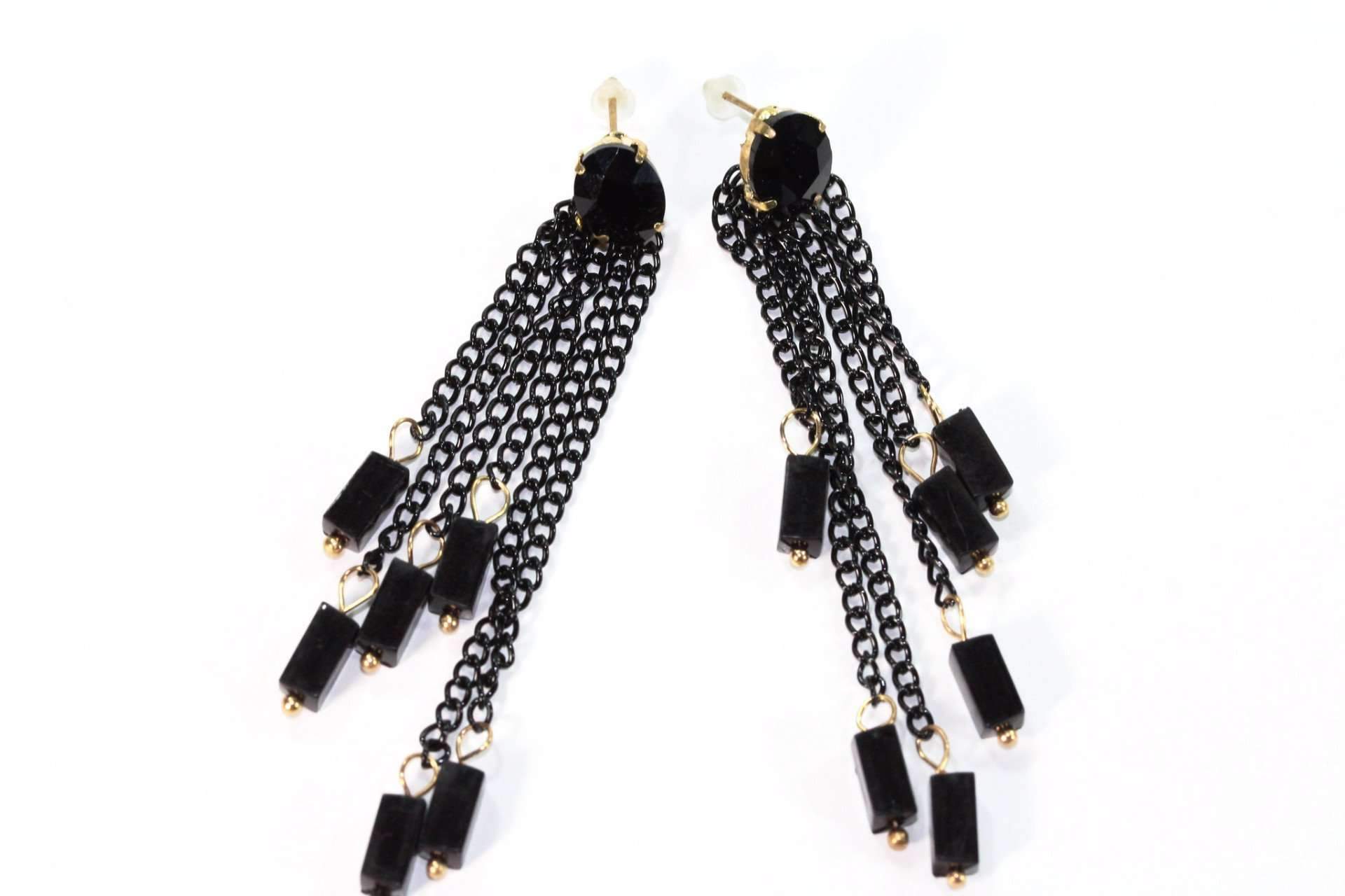 Elegant Chain & Beads Dangle Earrings in Black, Deep Blue, and Blue Green colors, showcasing their length and bead details.