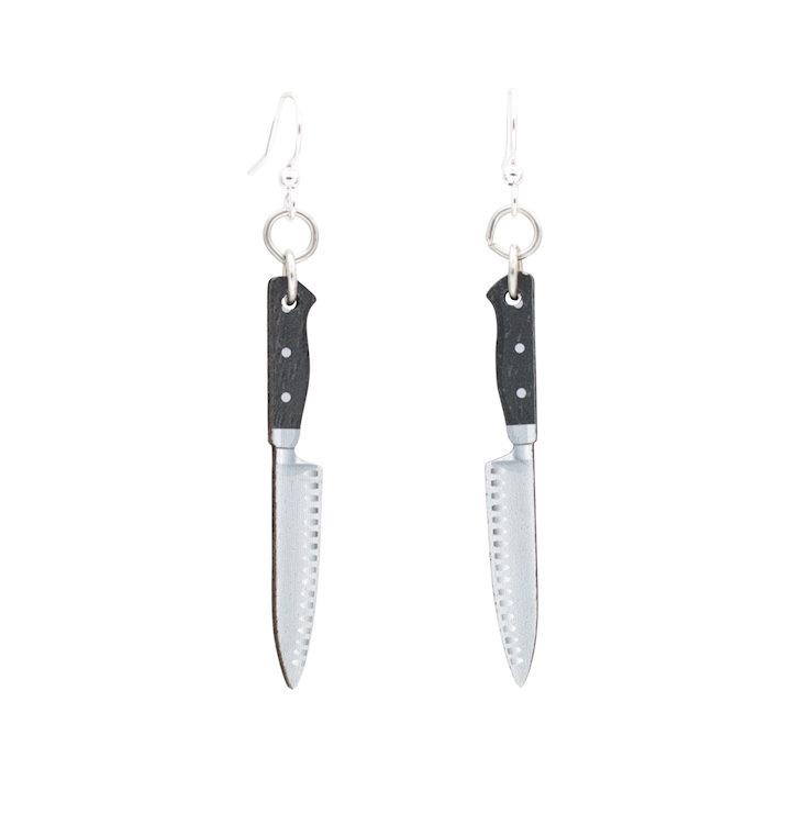 Chef's Knife Earrings #1660 made from sustainably sourced wood with silver-finished stainless steel ear wires, showcasing a unique culinary design.