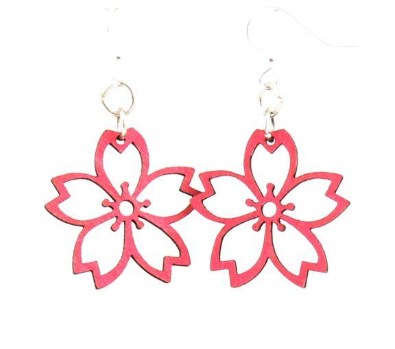 Cherry Blossoms #117 earrings made from sustainably sourced wood in Rose color with silver-finished stainless steel ear wires.