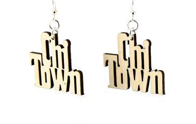 Chi Town Earrings made from sustainably sourced wood, featuring a unique design and hypoallergenic stainless steel ear wires.