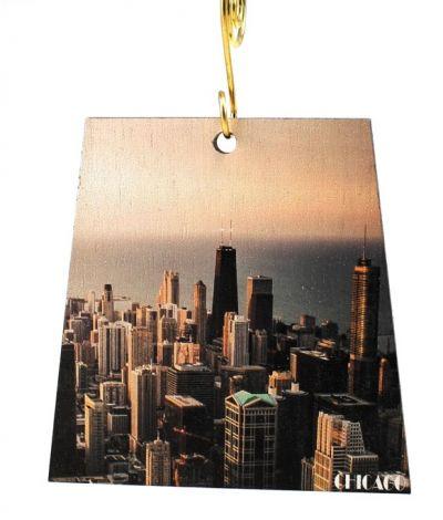 Chicago Cityscape Ornament #S997 made from eco-friendly birch wood or recycled paper, featuring a detailed skyline design.