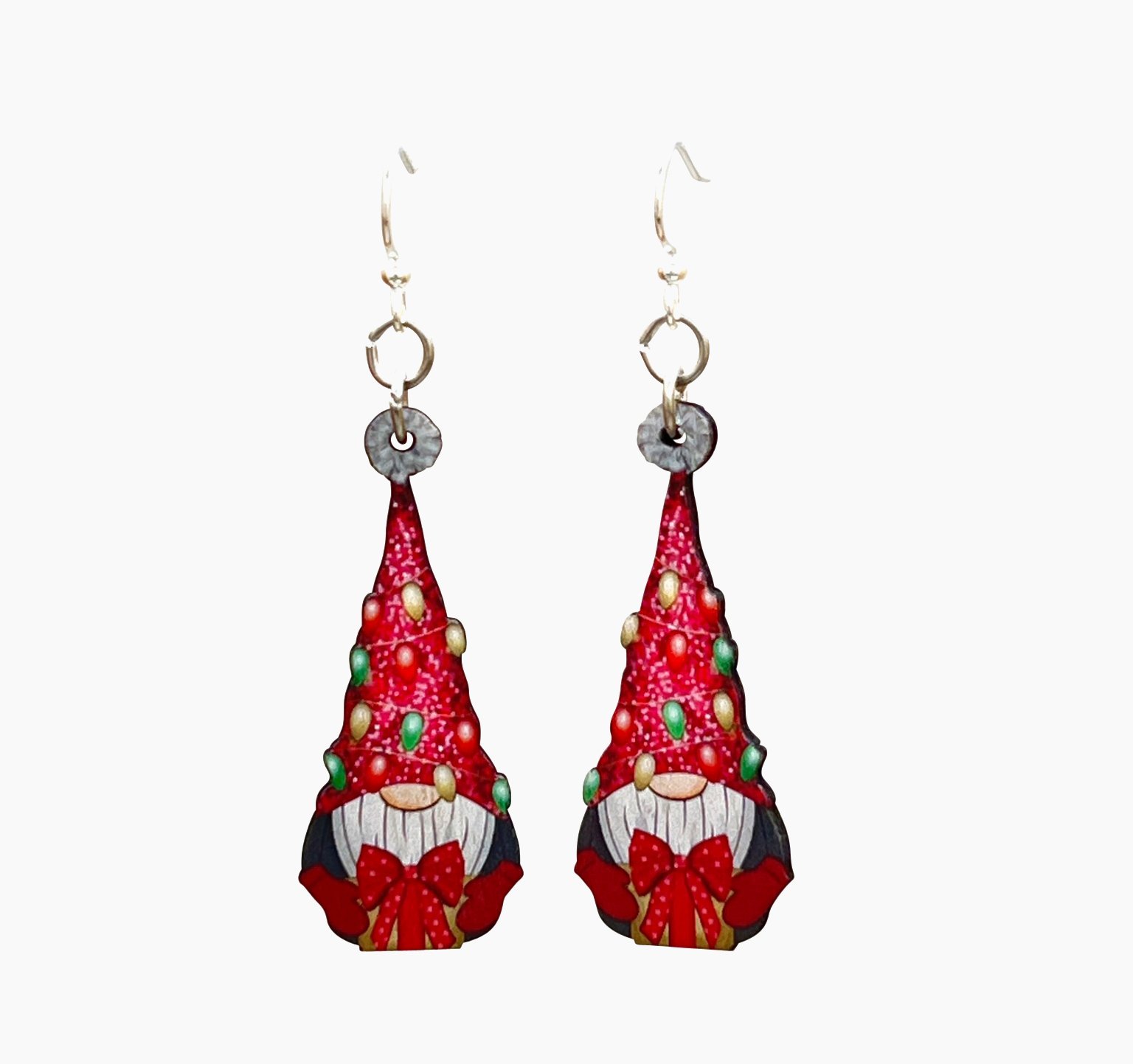 A pair of Christmas Gnome Earrings made from sustainably sourced wood, featuring a colorful gnome design on the front and a natural wood back.