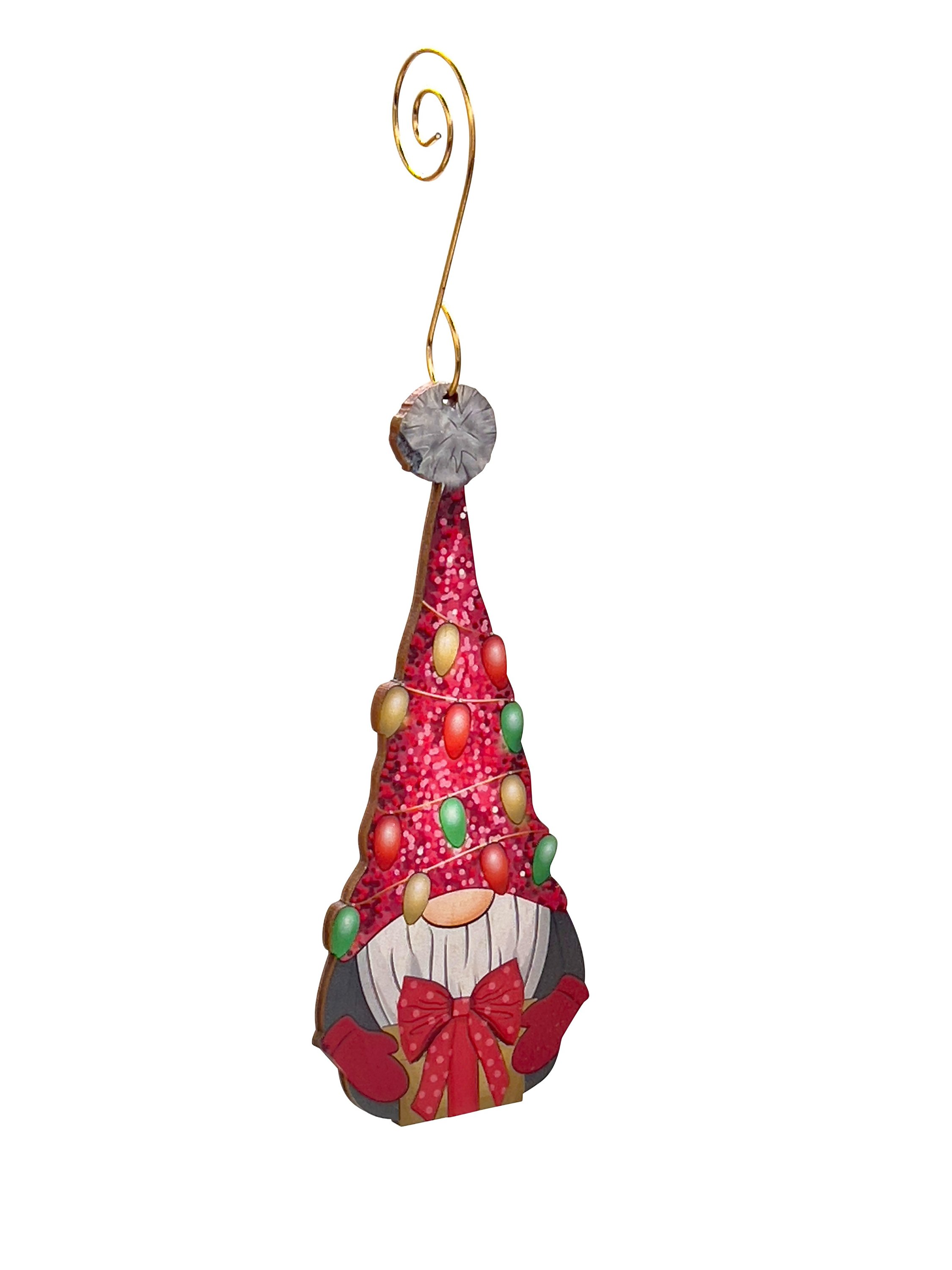 A charming Christmas Gnome Wood Ornament made from eco-friendly birch wood, featuring a laser-cut design with a glossy finish.