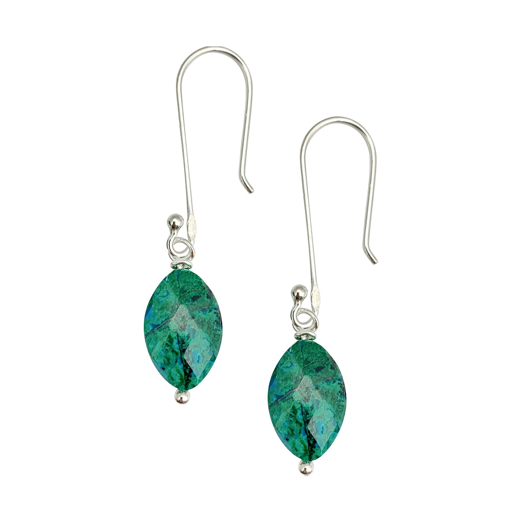 Elegant Chrysocolla drop earrings featuring vibrant emerald green gemstones set in sterling silver, handmade in Peru.