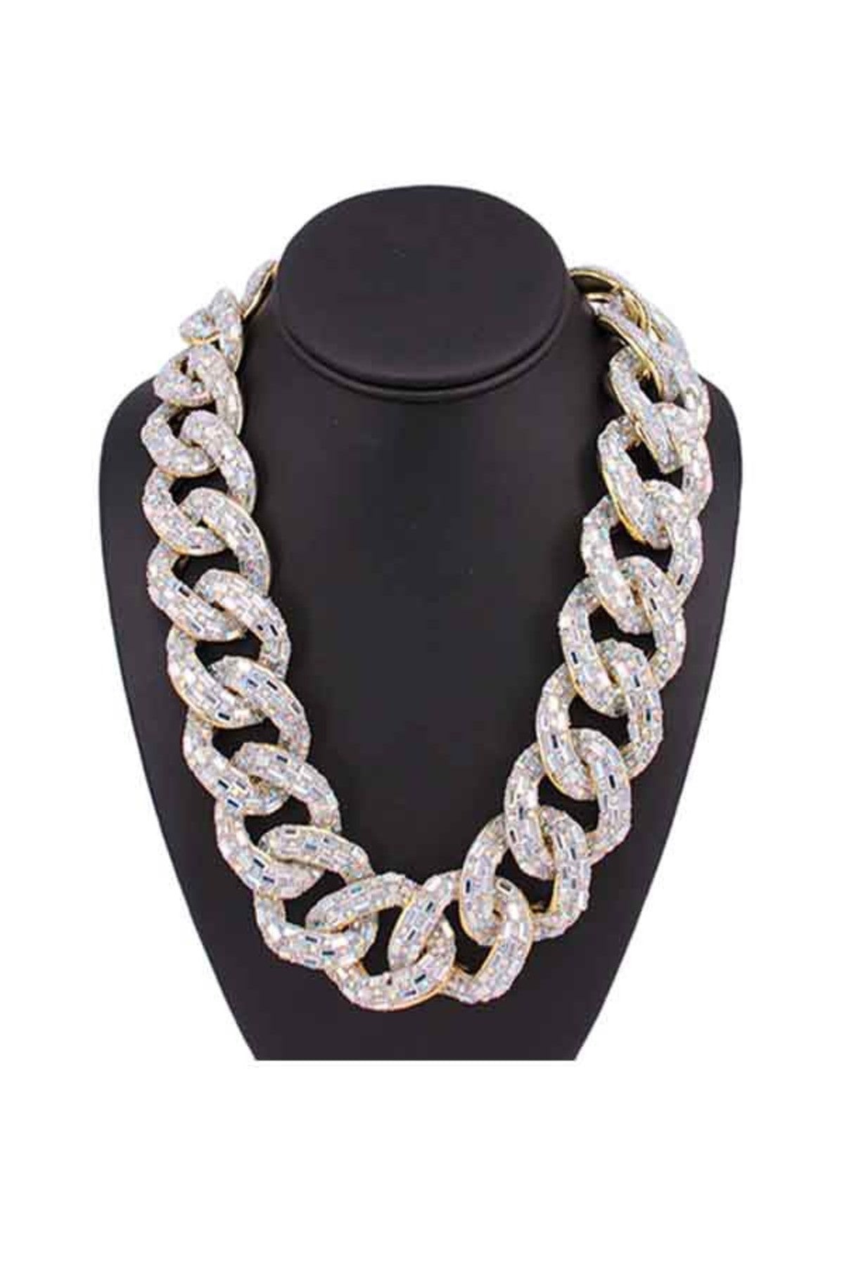 Chunky Chain Full Crystal Necklace Set with sparkling crystals and adjustable clasp, showcasing a bold and elegant design.