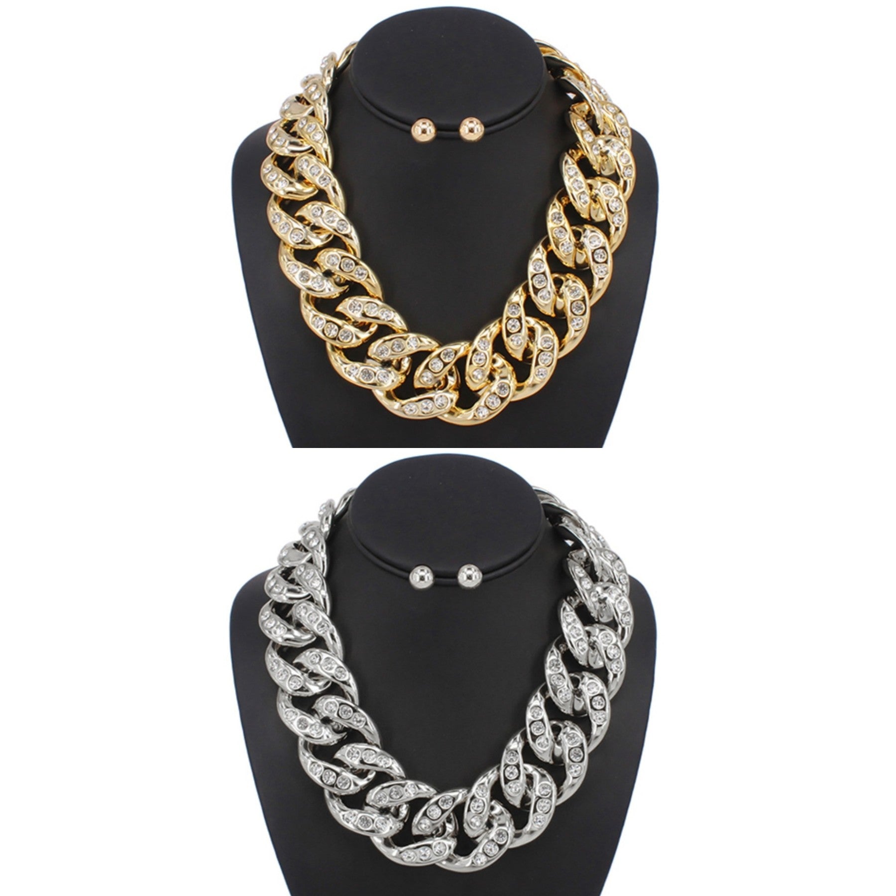 A stylish chunky chain necklace set featuring a bold design, lobster claw clasp, and lead and nickel free materials, perfect for any occasion.