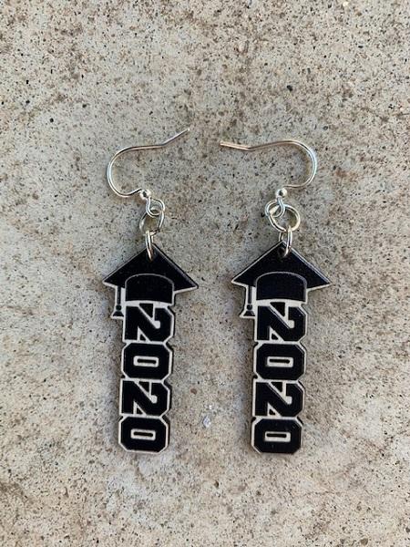 Elegant Class of 2020 Graduation Earrings made from sustainably sourced wood with silver-finished stainless steel ear wires.