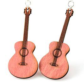 A pair of pink Classic Guitar Earrings made from sustainably sourced wood, featuring a laser-cut design and hypoallergenic silver-finished ear wires.