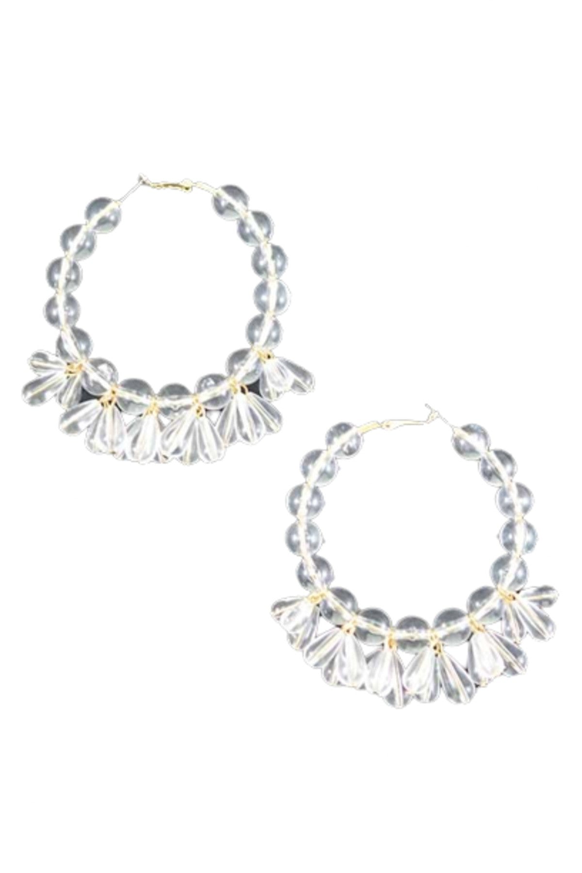 Clear AB bead hoop earrings with a 3-inch drop, showcasing a sparkling design perfect for any occasion.