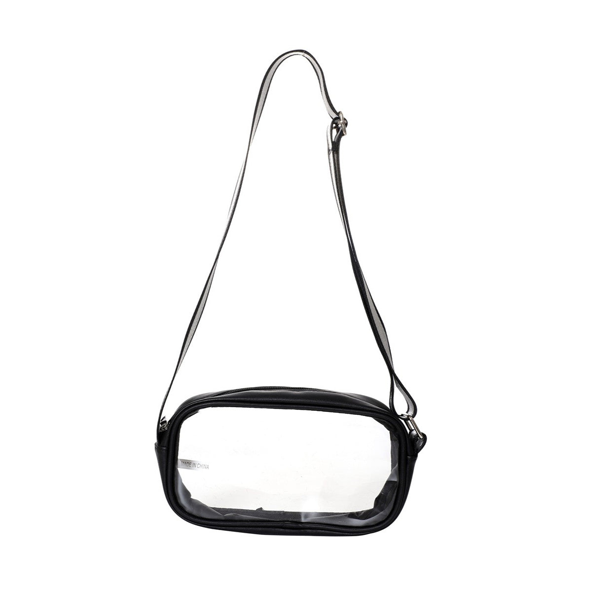 A stylish clear crossbody bag featuring a see-through design, adjustable shoulder strap, and durable zipper, perfect for various occasions.