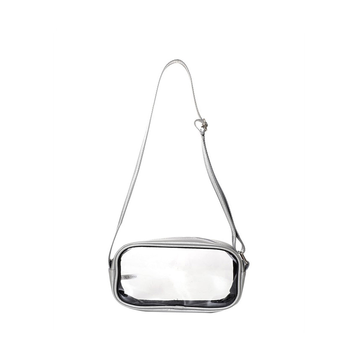 A stylish clear crossbody bag featuring a see-through design, adjustable shoulder strap, and durable zipper, perfect for various occasions.