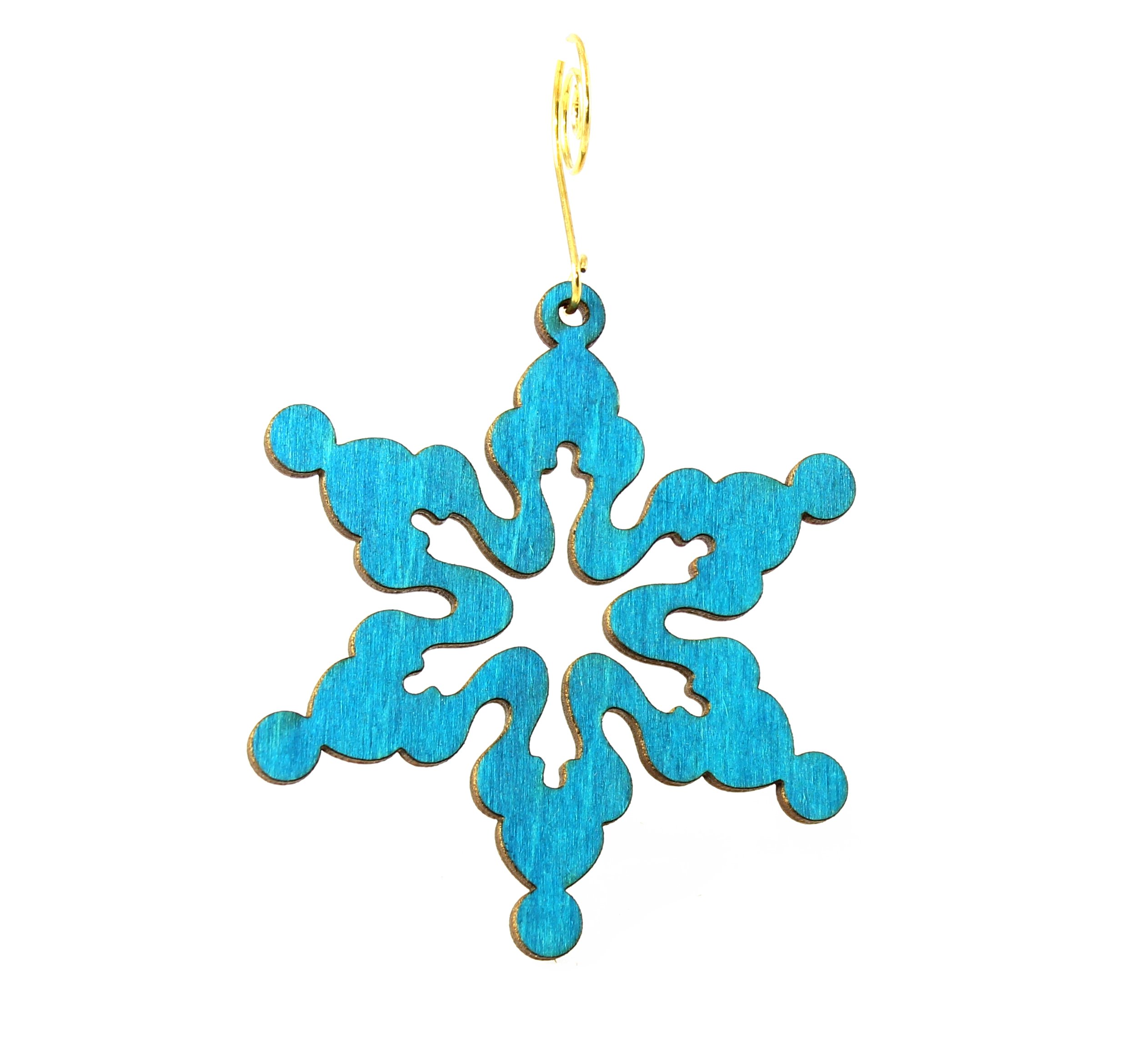 Cloudy Snowflake Ornament #9991 made from eco-friendly birch wood, featuring intricate laser-cut design and stained with blue dye.