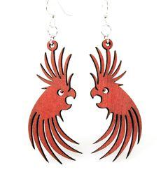 Cockatoo Earrings #1101 made from sustainably sourced wood, featuring a vibrant Cherry Red color and silver-finished hypoallergenic ear wires.