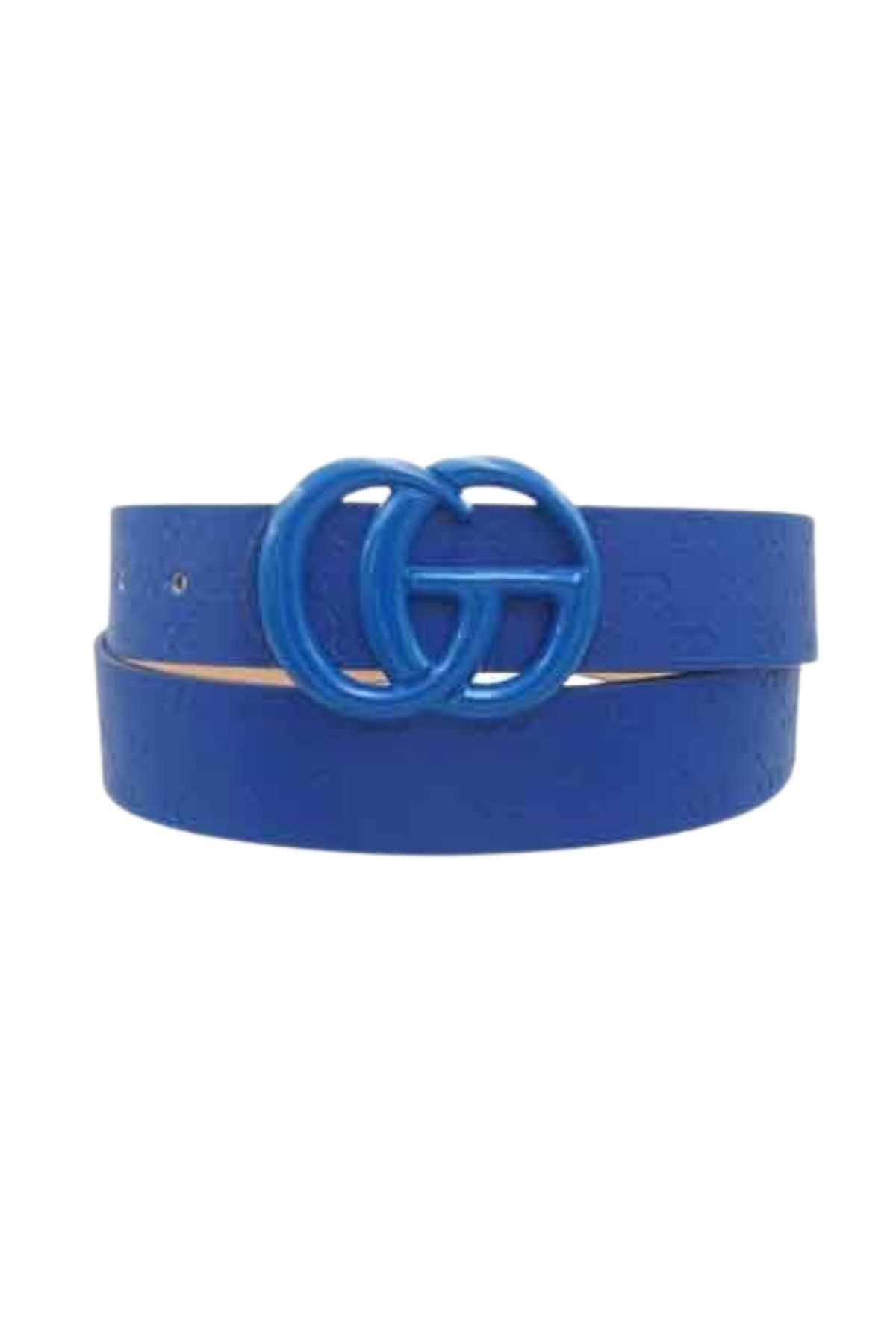 Color Coated Go Buckle Embossed Print Belt in vibrant colors with embossed design.