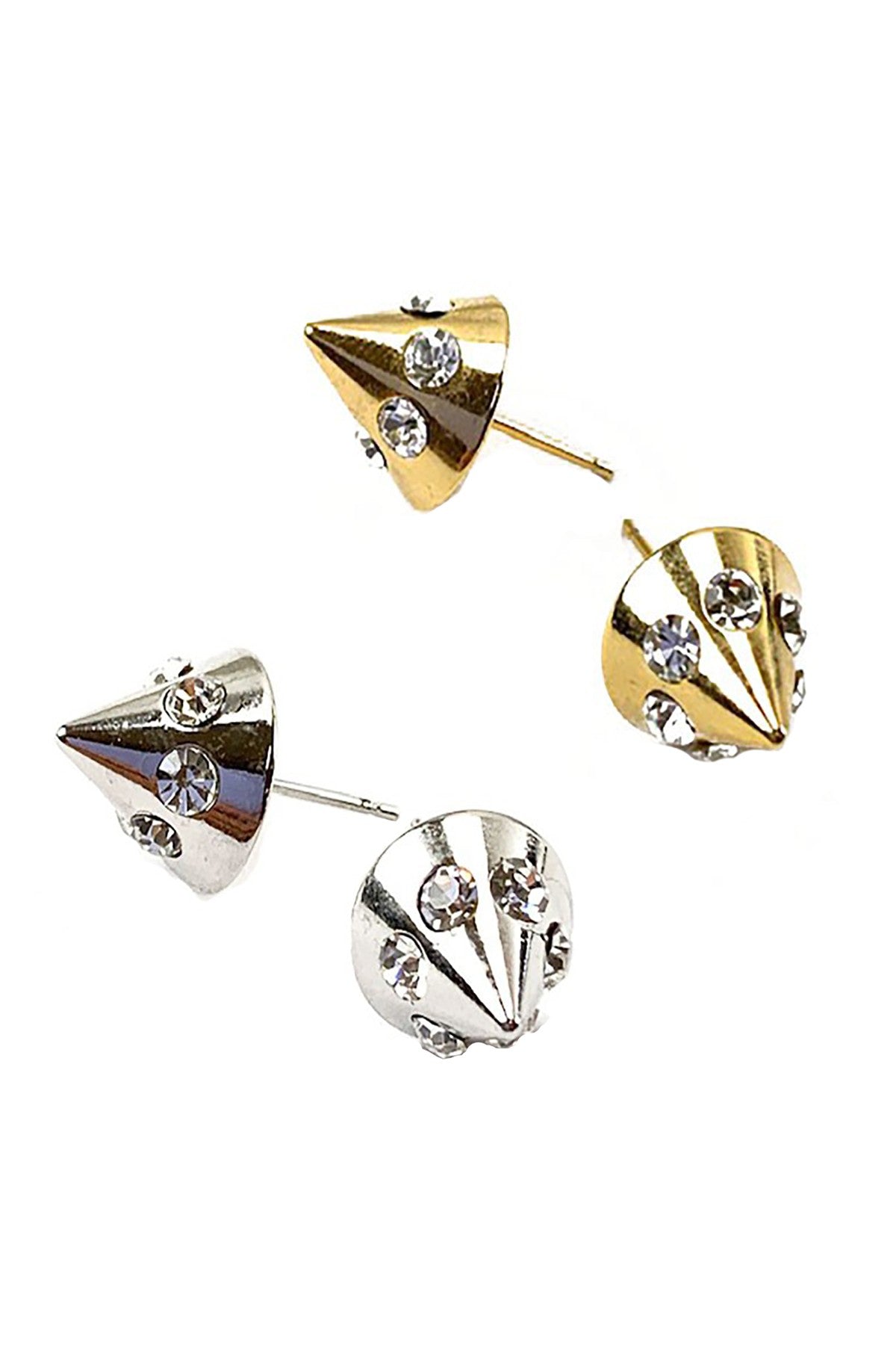 Corn shape stud earrings adorned with sparkling rhinestones, double plated for durability, featuring a secure post back.