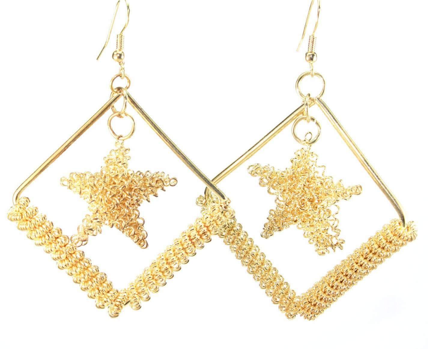 Elegant gold tone Cradled Star Earrings featuring a wrap-around chain design and a dangling star.