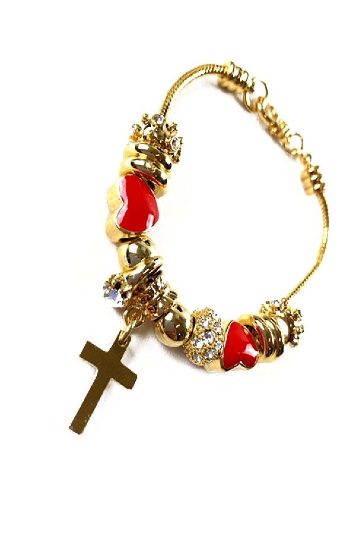 Elegant Cross Dangling Bracelet with double plating and crystal studs, featuring a lobster claw clasp.