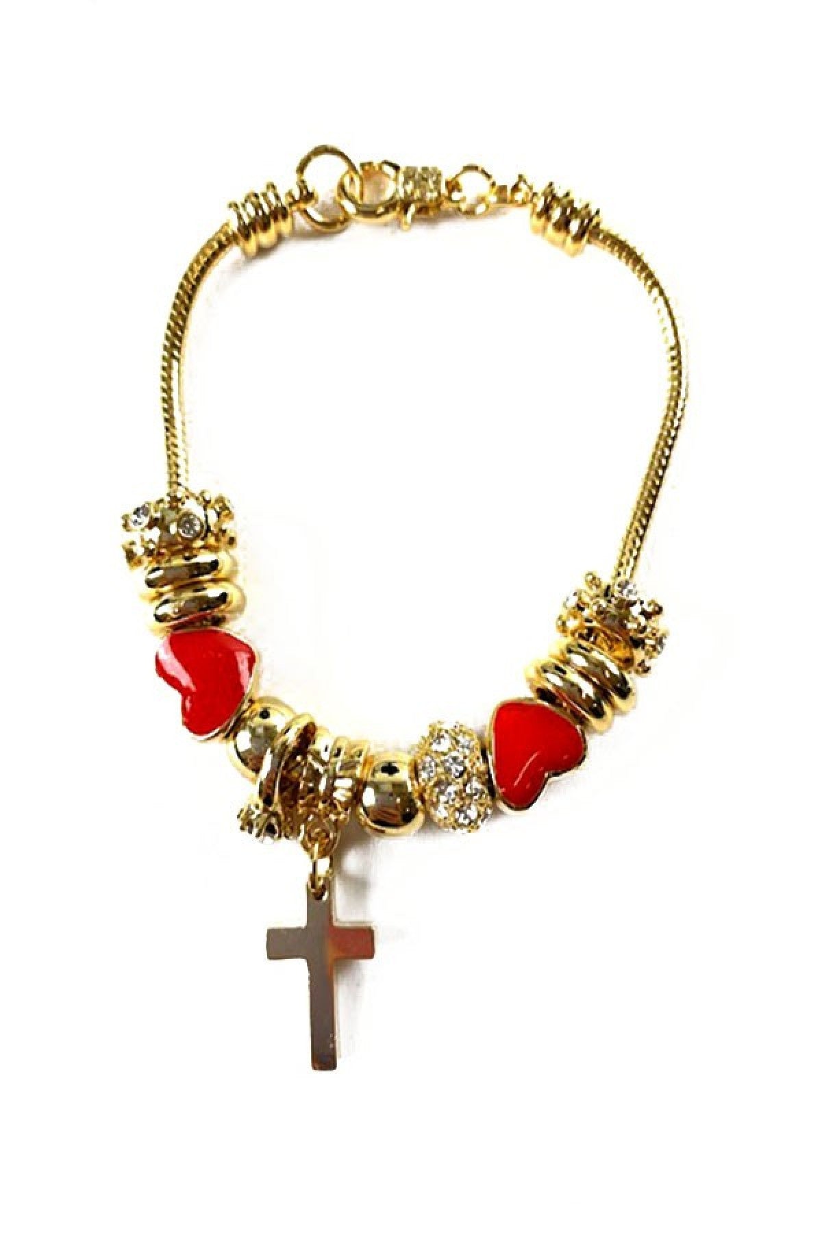 Elegant Cross Dangling Bracelet with double plating and crystal studs, featuring a lobster claw clasp.