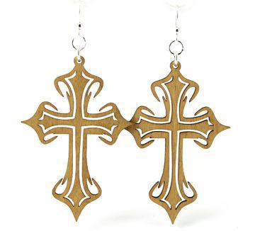 Elegant Cross Earrings #1226 made from sustainably sourced wood, featuring a laser-cut design and hypoallergenic silver-finished ear wires.