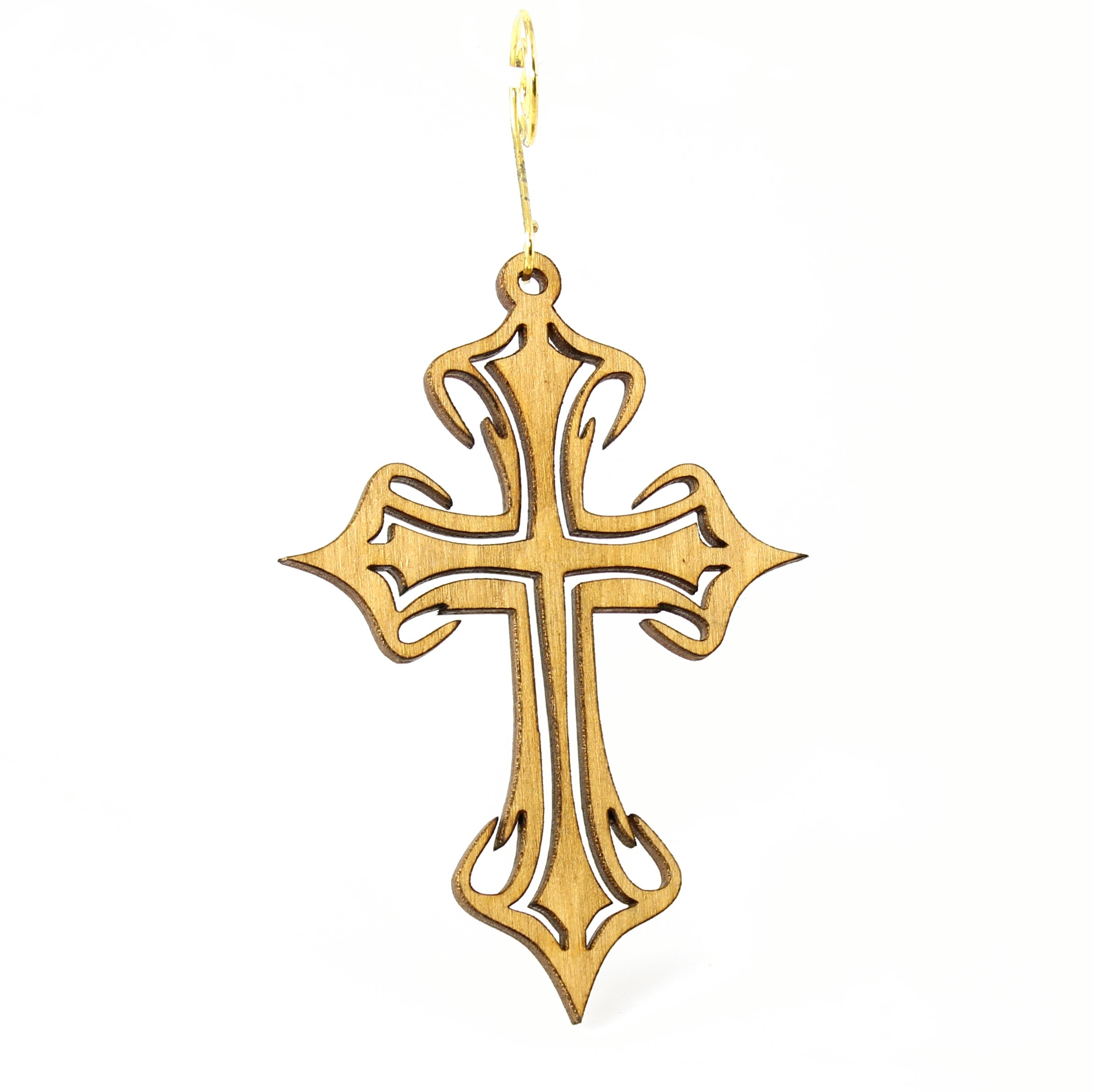 Cross Ornament #9995 made from eco-friendly birch wood, featuring a laser-cut design with a glossy finish.