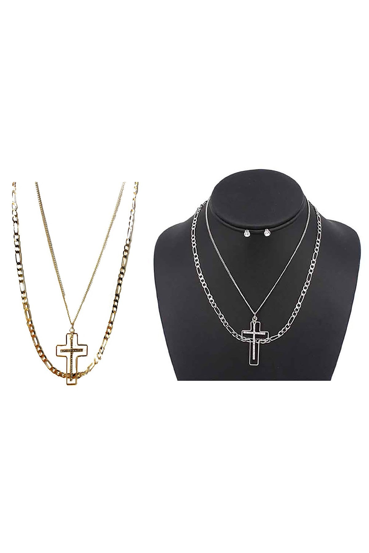 A stylish cross pendant layer necklace featuring a delicate design, adjustable length, and a lobster claw clasp.