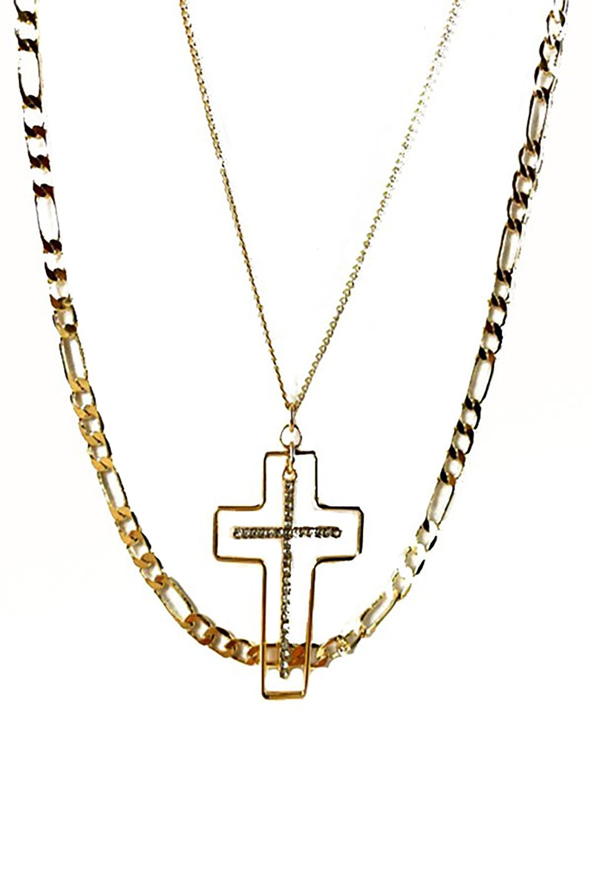 A stylish cross pendant layer necklace featuring a delicate design, adjustable length, and a lobster claw clasp.