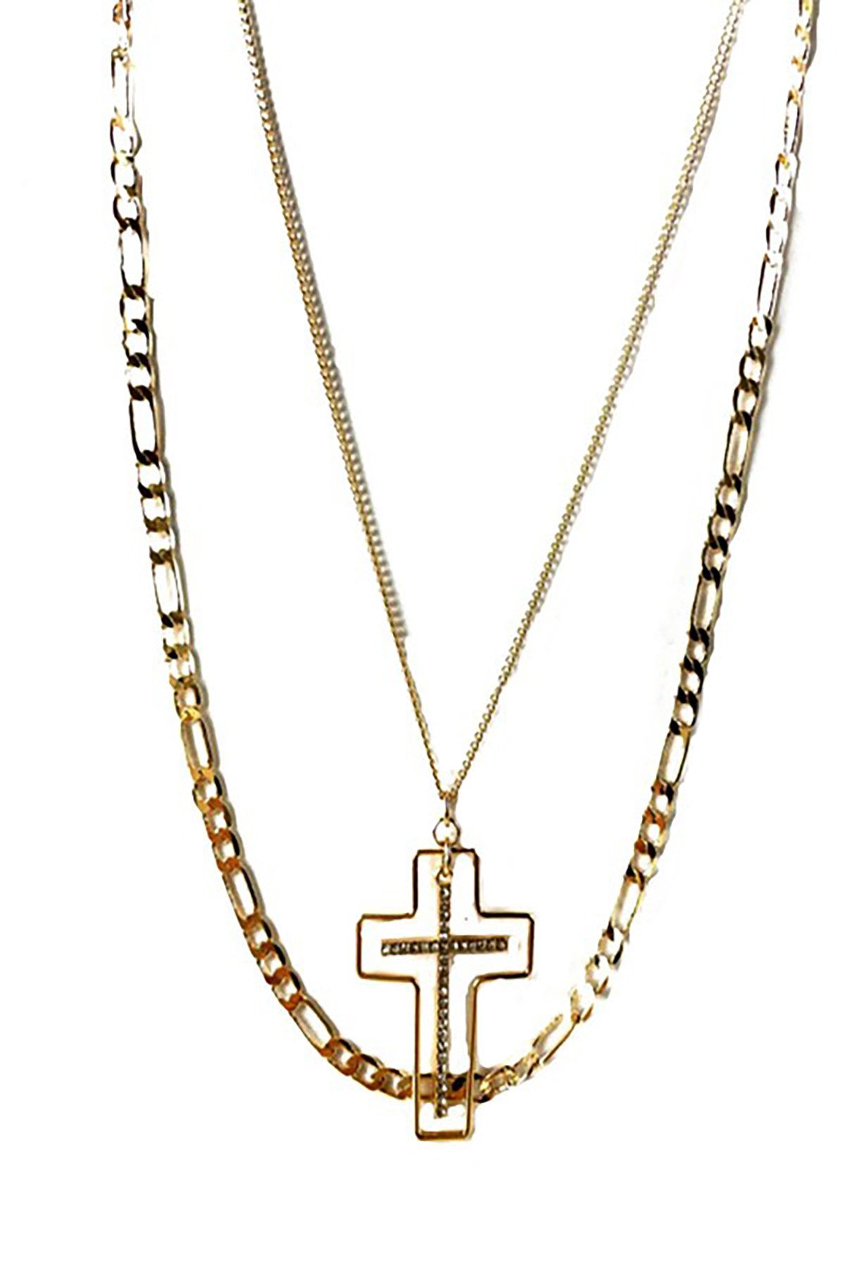 A stylish cross pendant layer necklace featuring a delicate design, adjustable length, and a lobster claw clasp.