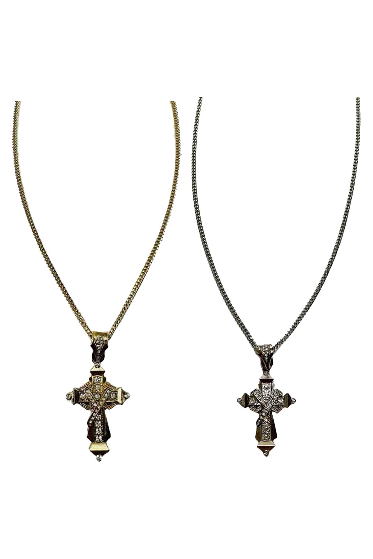 A long necklace featuring a cross pendant adorned with rhinestones, showcasing elegance and style.