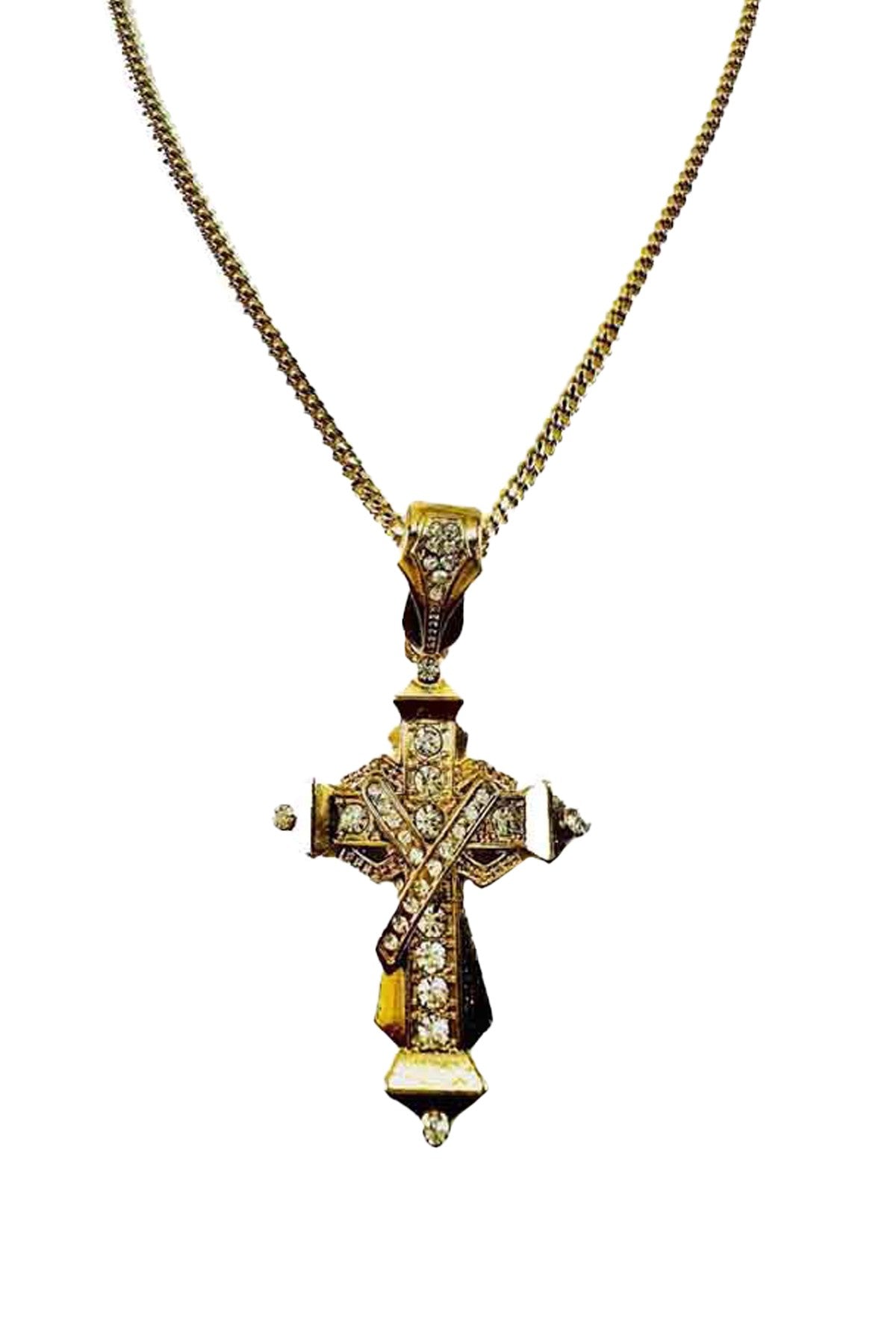 A long necklace featuring a cross pendant adorned with rhinestones, showcasing elegance and style.