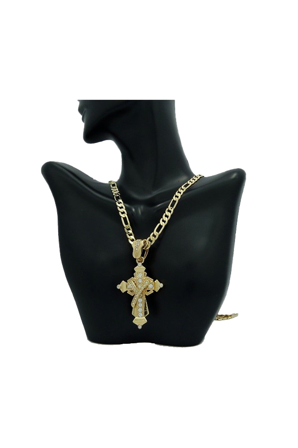 A long necklace featuring a cross pendant adorned with rhinestones, showcasing elegance and style.