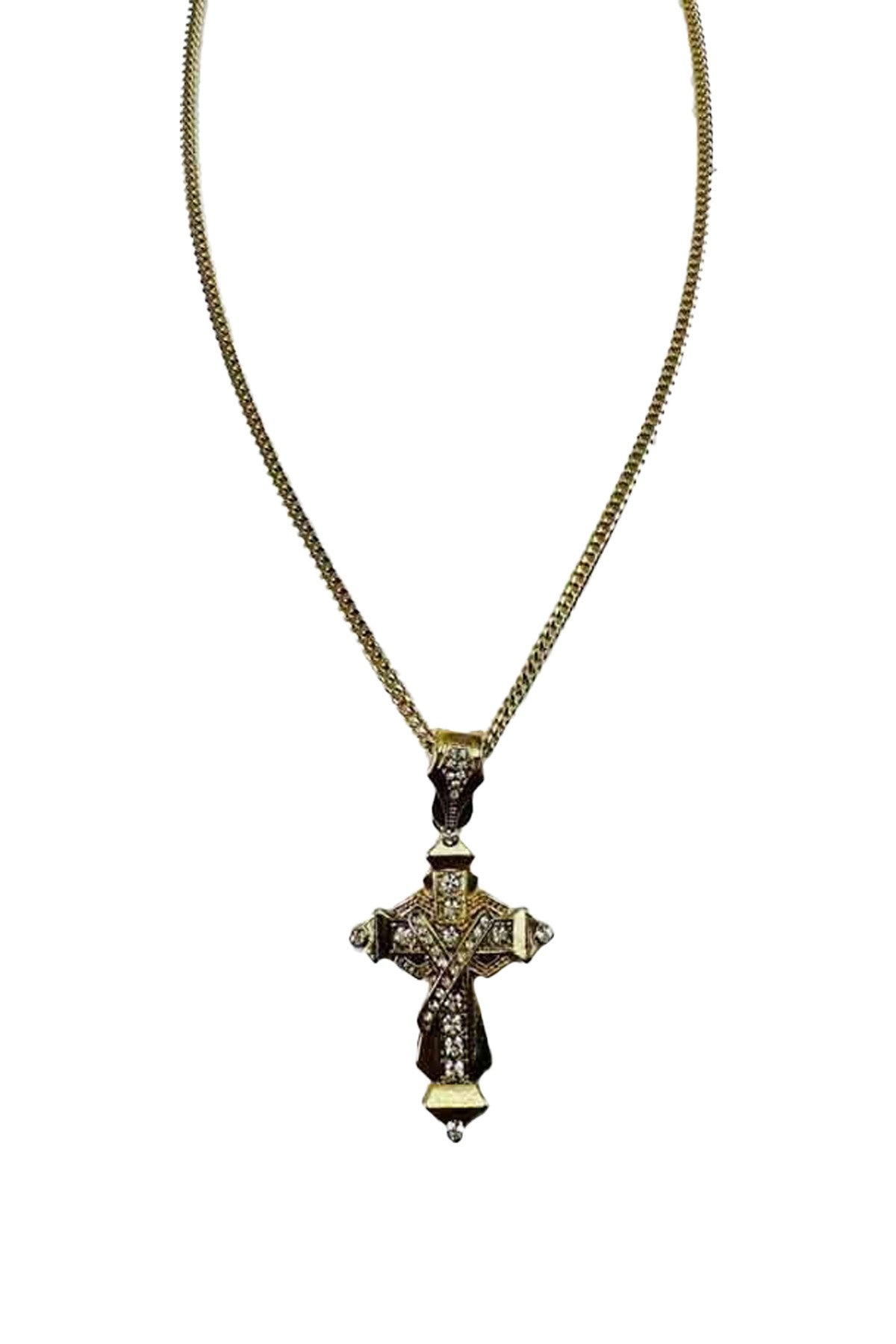 A long necklace featuring a cross pendant adorned with rhinestones, showcasing elegance and style.