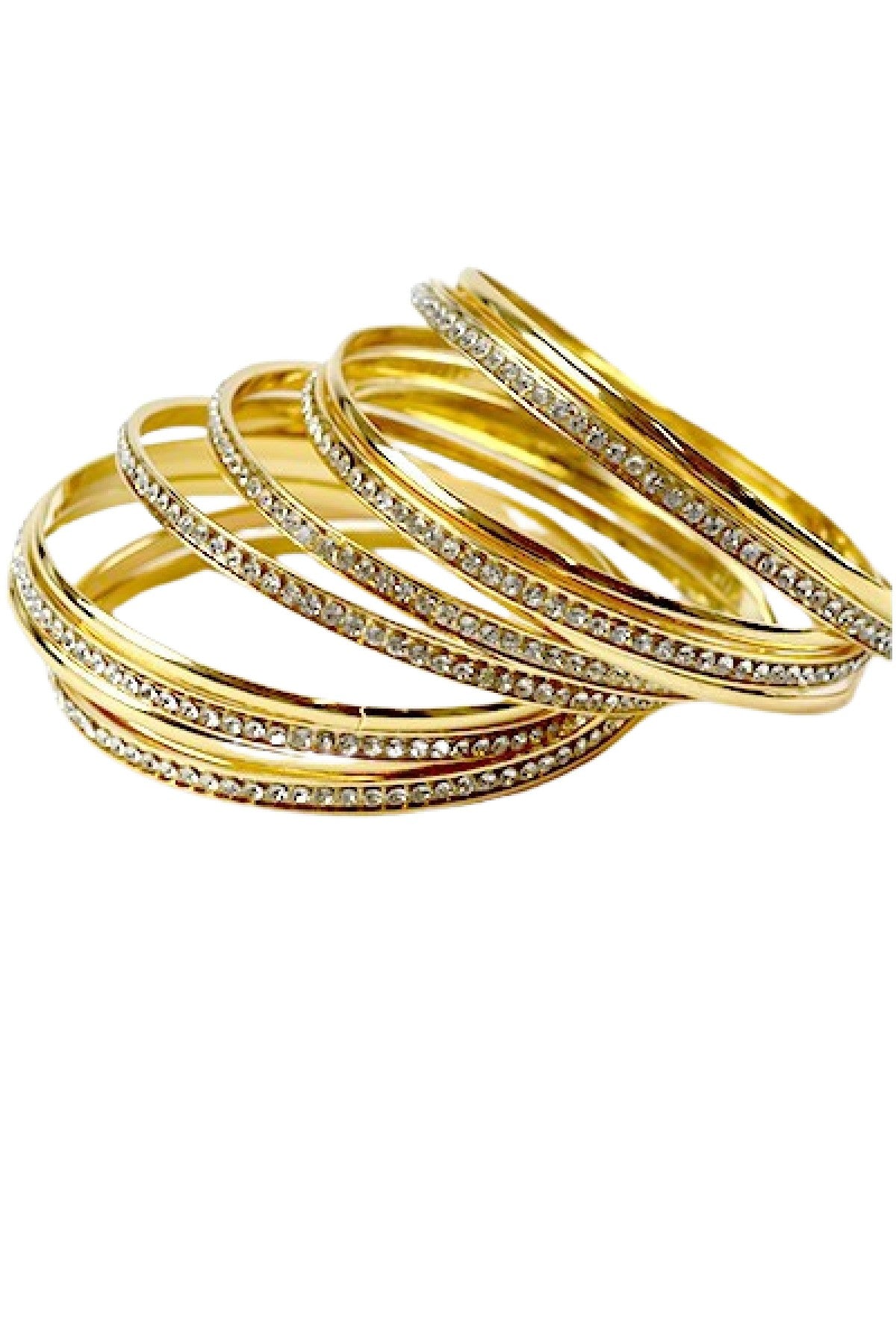 A set of 13 crystal accent bangle bracelets displayed elegantly, showcasing their sparkling design and approximate 2.75" diameter.