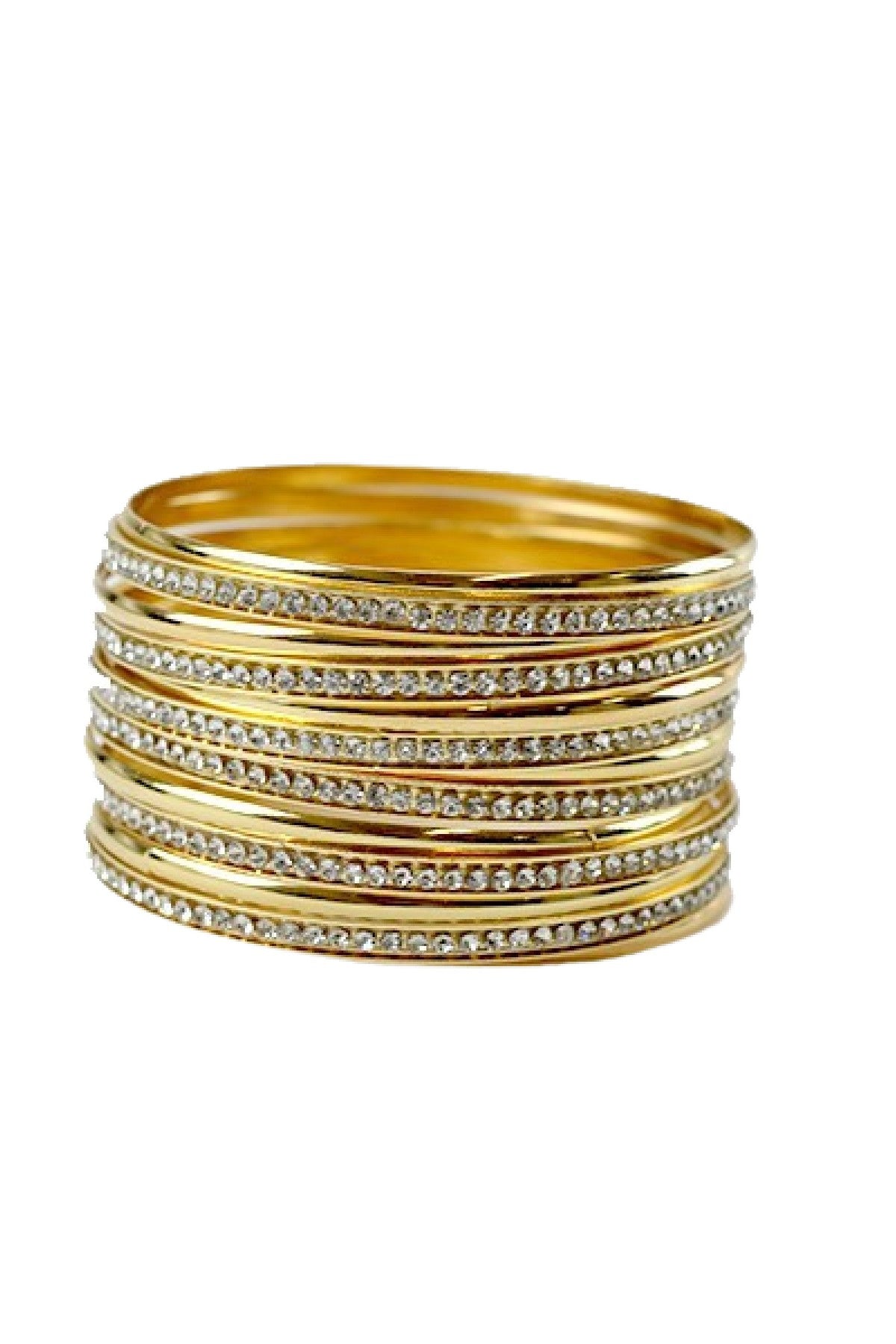 A set of 13 crystal accent bangle bracelets displayed elegantly, showcasing their sparkling design and approximate 2.75" diameter.