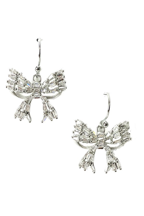 Elegant crystal bow dangle earrings with fish hook closure, showcasing sparkling crystals and a delicate design.