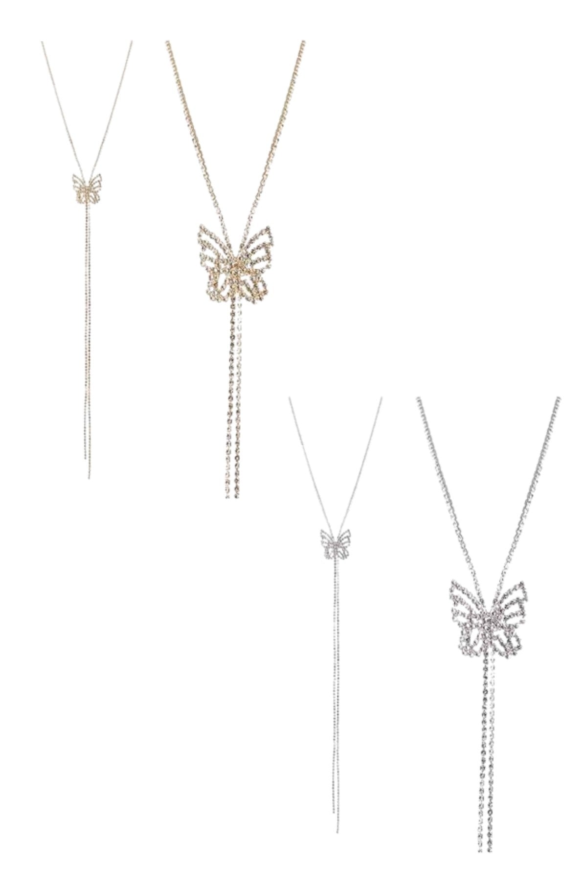 A stunning Crystal Butterfly Slider Long Necklace featuring a sparkling butterfly design and adjustable slider for a perfect fit.