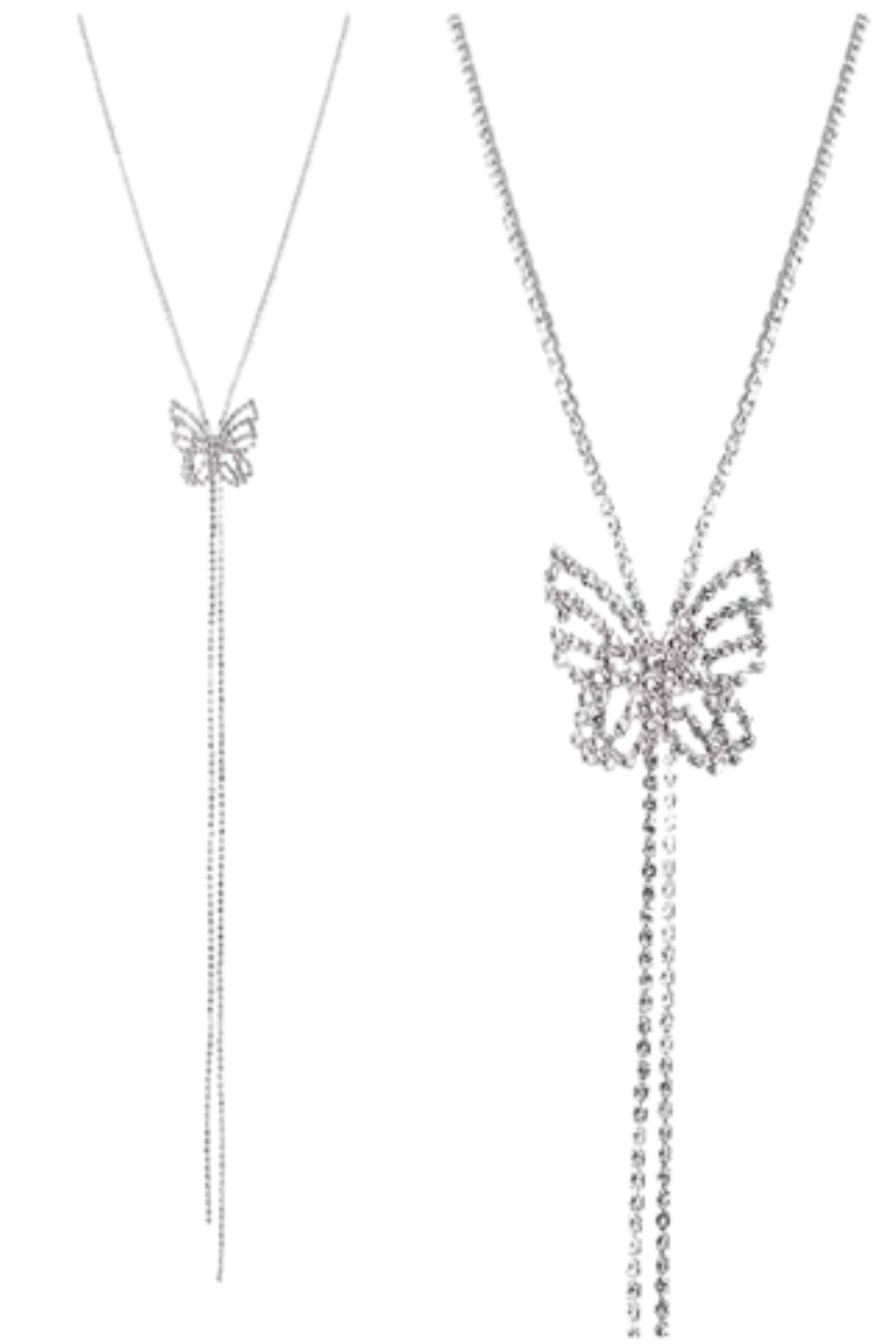 A stunning Crystal Butterfly Slider Long Necklace featuring a sparkling butterfly design and adjustable slider for a perfect fit.