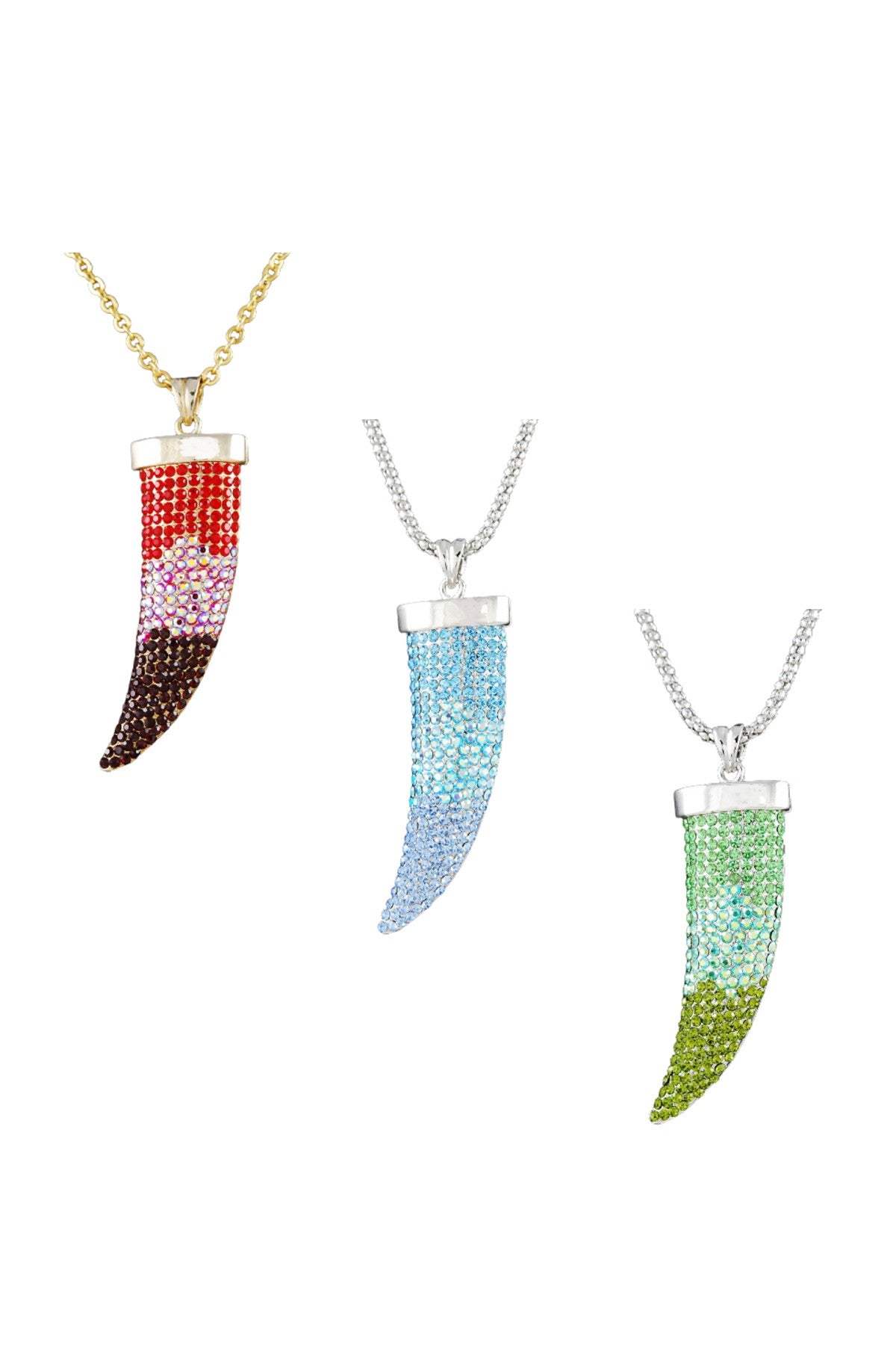 A stunning crystal chili pepper pendant necklace with a double plated finish, featuring a 30-inch chain and a 3-inch drop pendant.