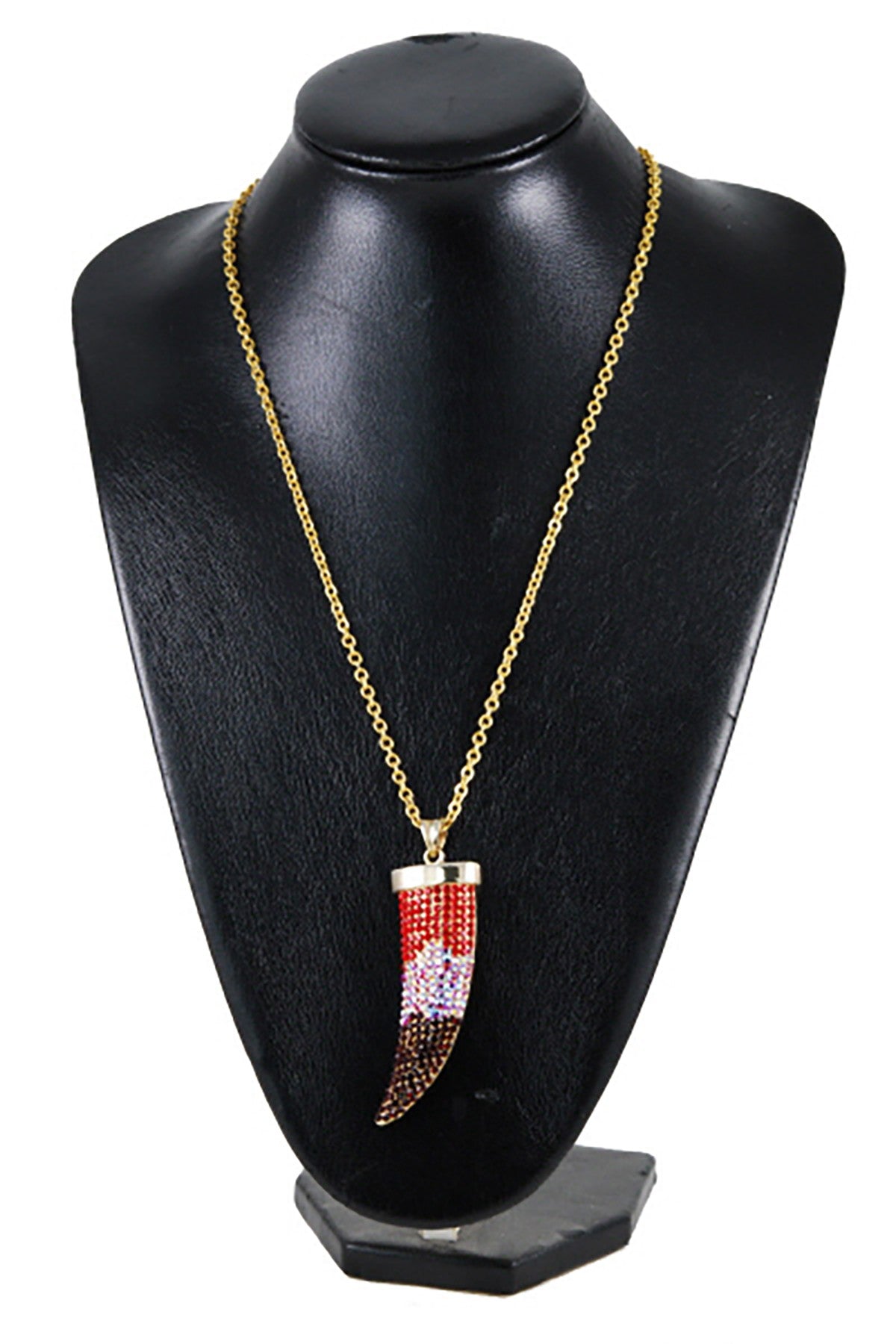 A stunning crystal chili pepper pendant necklace with a double plated finish, featuring a 30-inch chain and a 3-inch drop pendant.