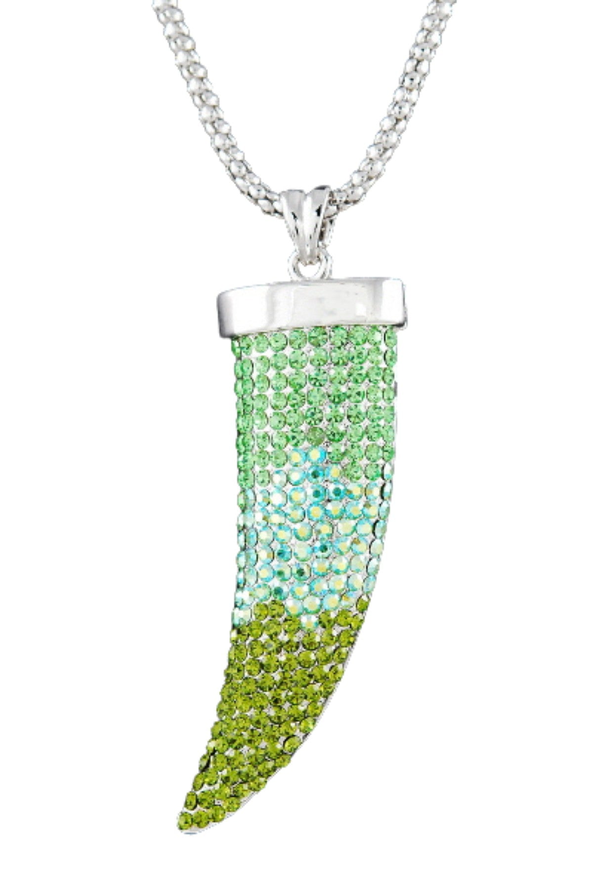 A stunning crystal chili pepper pendant necklace with a double plated finish, featuring a 30-inch chain and a 3-inch drop pendant.