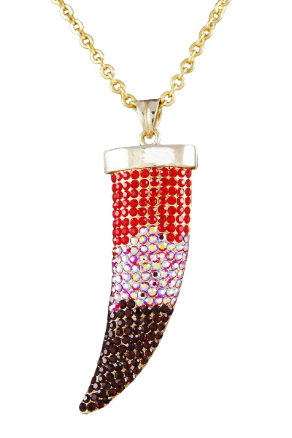 A stunning crystal chili pepper pendant necklace with a double plated finish, featuring a 30-inch chain and a 3-inch drop pendant.