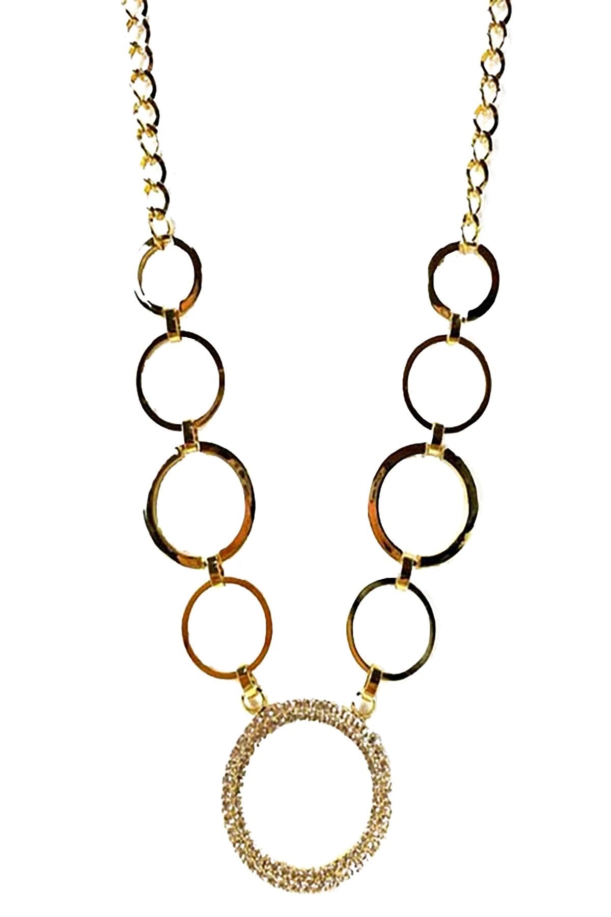 Elegant crystal circle link necklace with double plating and lobster claw clasp, measuring 20 inches.