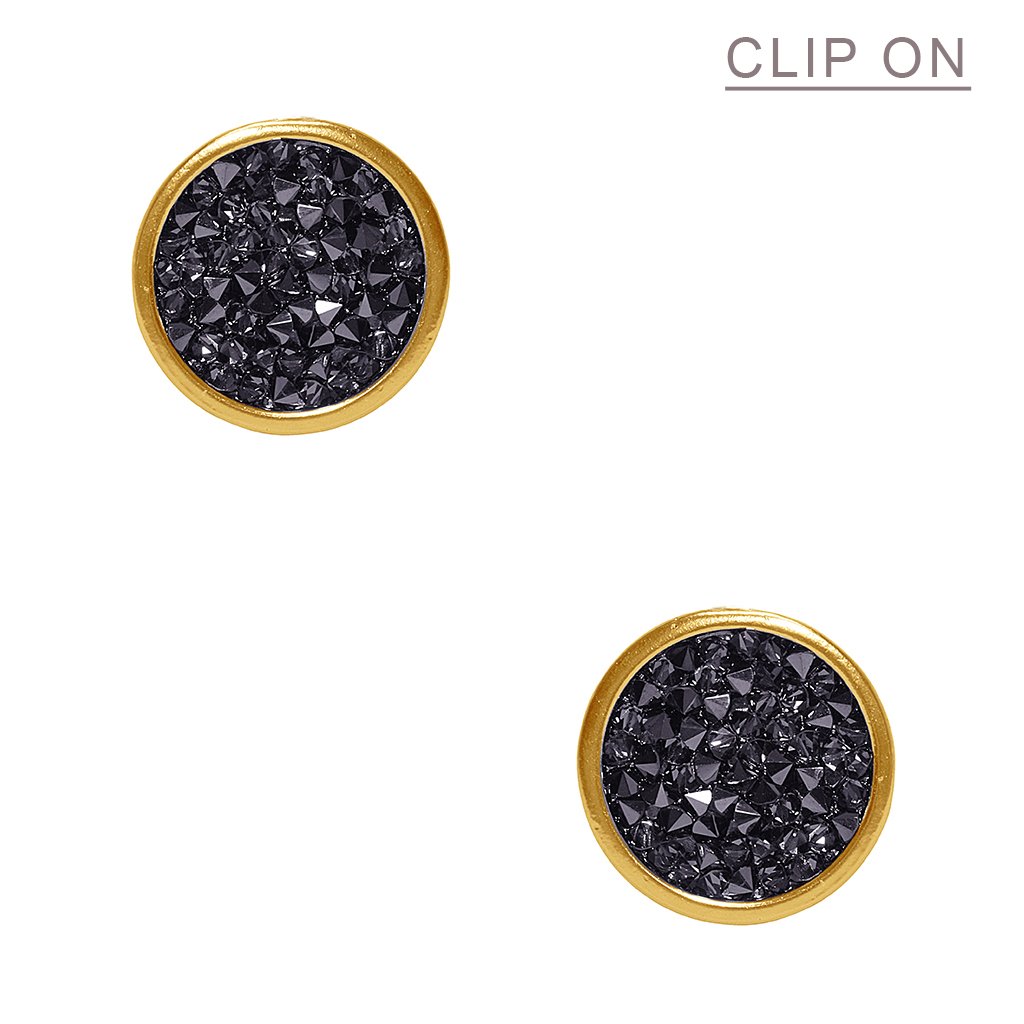 A pair of elegant clip-on earrings featuring round black crystal clusters, set in 24 kt gold, sterling silver, or rose gold plating.