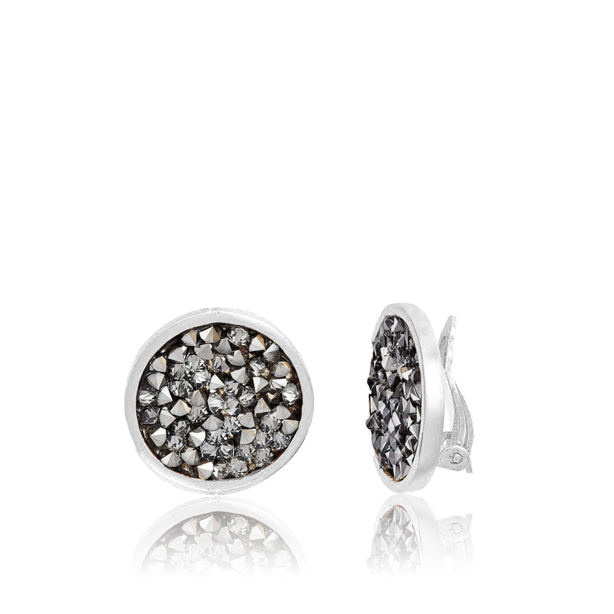 A pair of elegant clip-on earrings featuring round black crystal clusters, set in 24 kt gold, sterling silver, or rose gold plating.