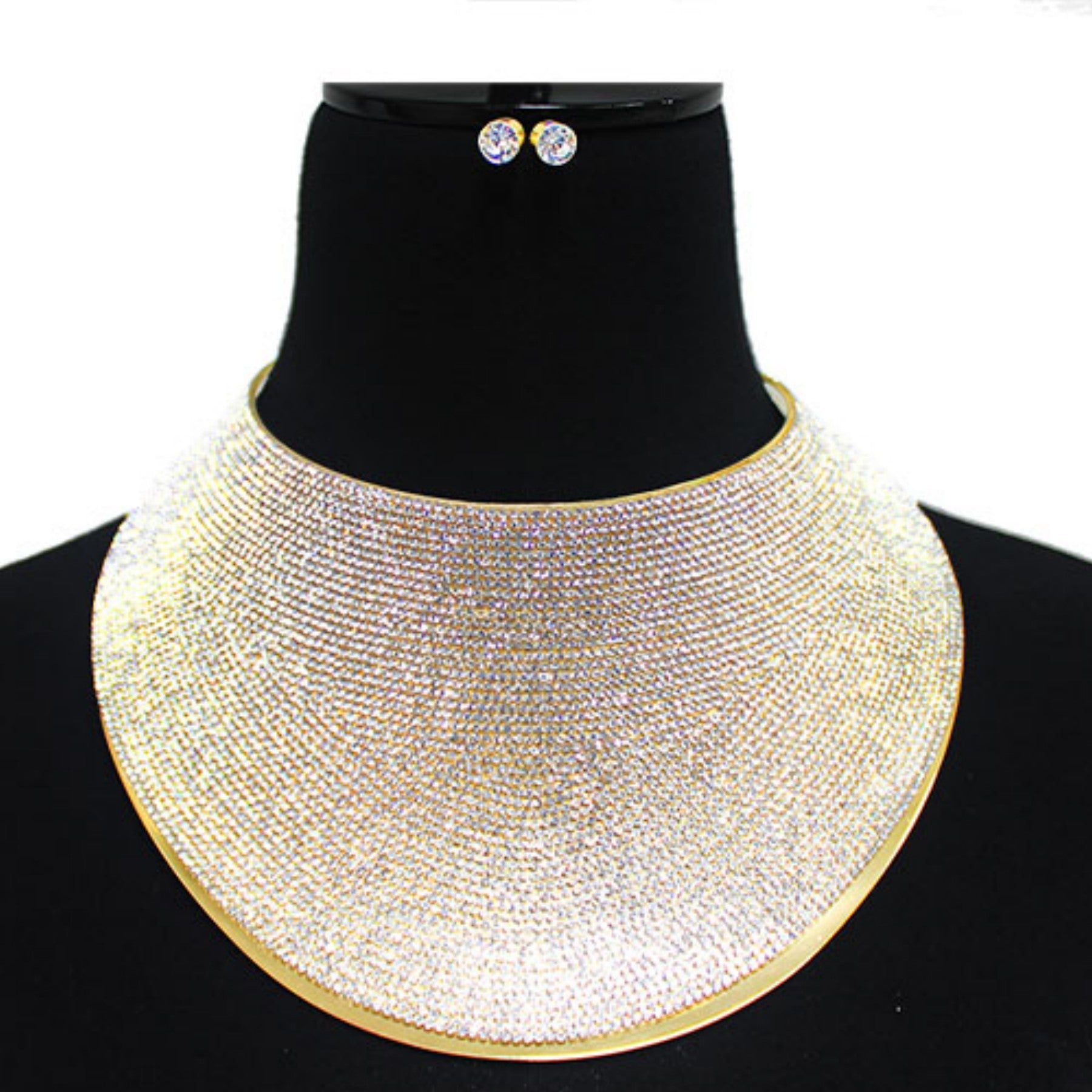 A glamorous Crystal Covered Oversize Choker Necklace Set featuring sparkling crystals and an adjustable clasp, perfect for any occasion.