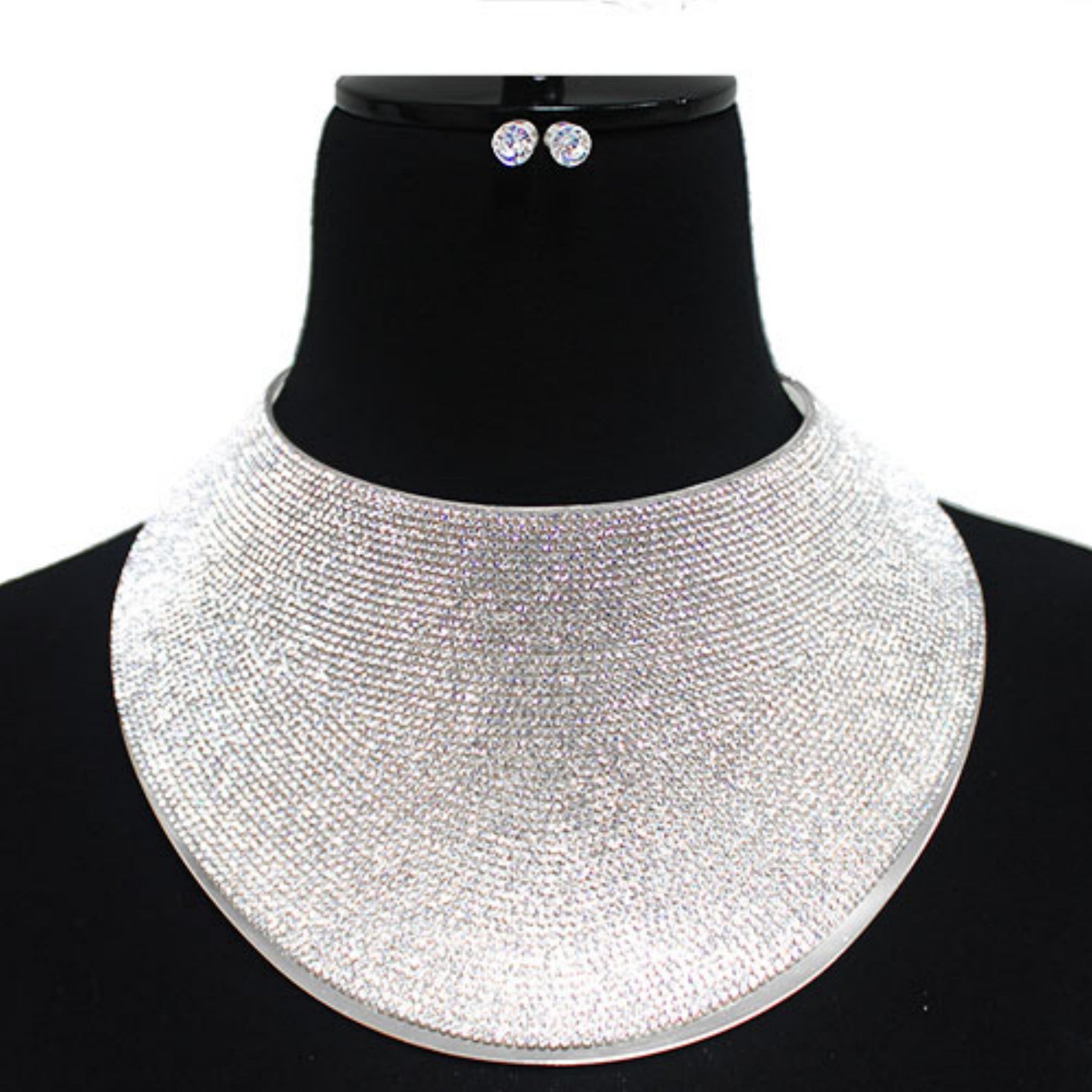 A glamorous Crystal Covered Oversize Choker Necklace Set featuring sparkling crystals and an adjustable clasp, perfect for any occasion.