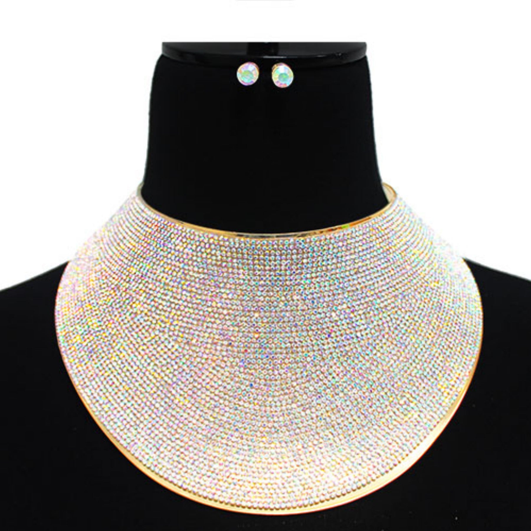 A glamorous Crystal Covered Oversize Choker Necklace Set featuring sparkling crystals and an adjustable clasp, perfect for any occasion.